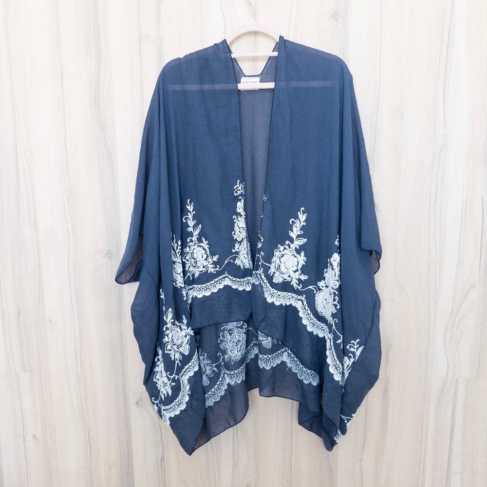 Womens Embroidered Floral Kimono OS Blue Wrap Boho Coastal Beach Festival Summer